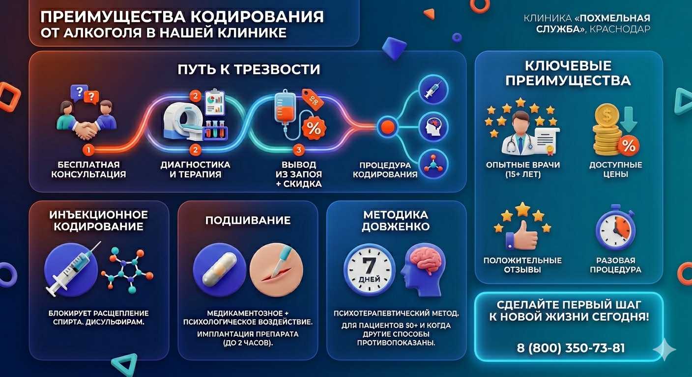 Инфографика о методах кодирования от алкоголя в Набережных Челнах: инъекции, подшивание, метод Довженко. Преимущества клиники и этапы лечения.