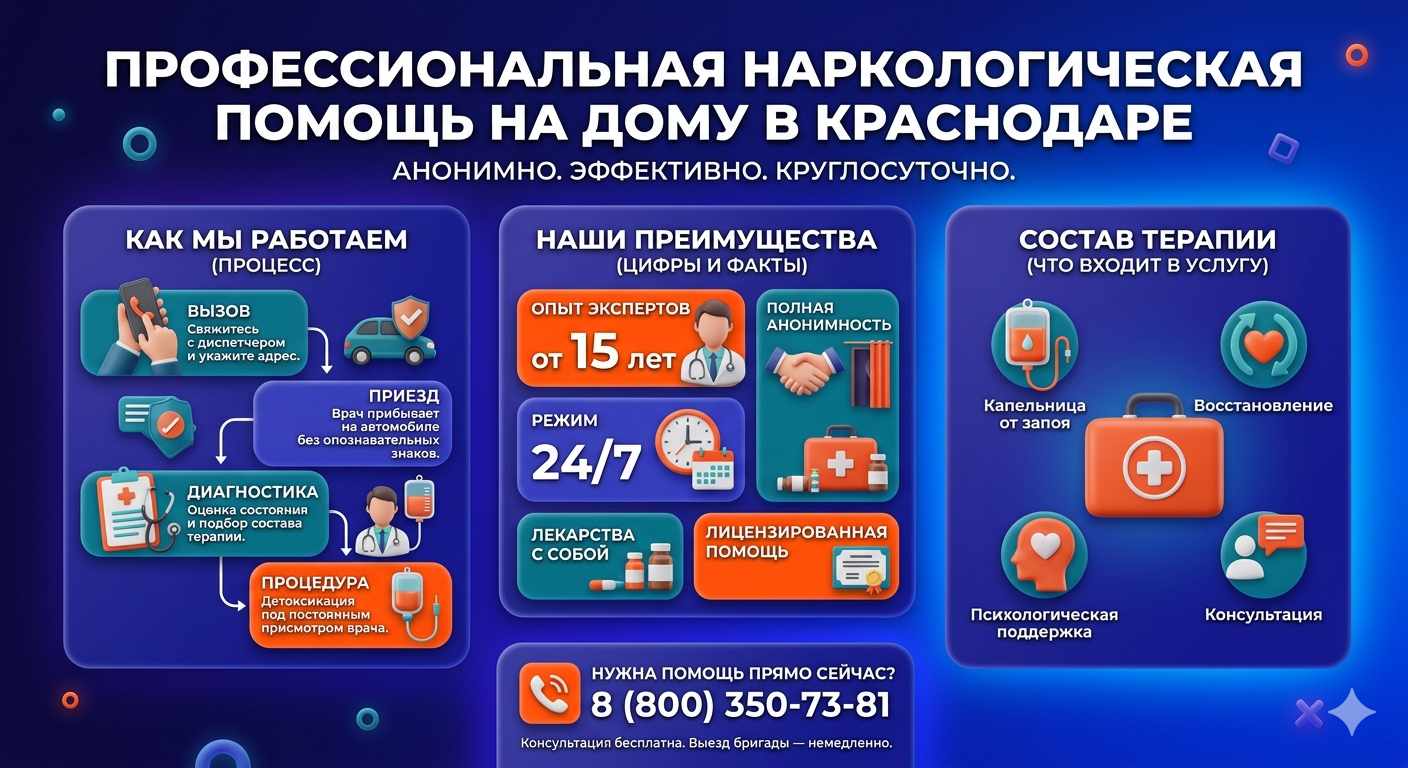 Инфографика о принципах лечения алкоголизма на дому в Набережных Челнах: этапы вызова нарколога, преимущества анонимной детоксикации и состав медицинской помощи.